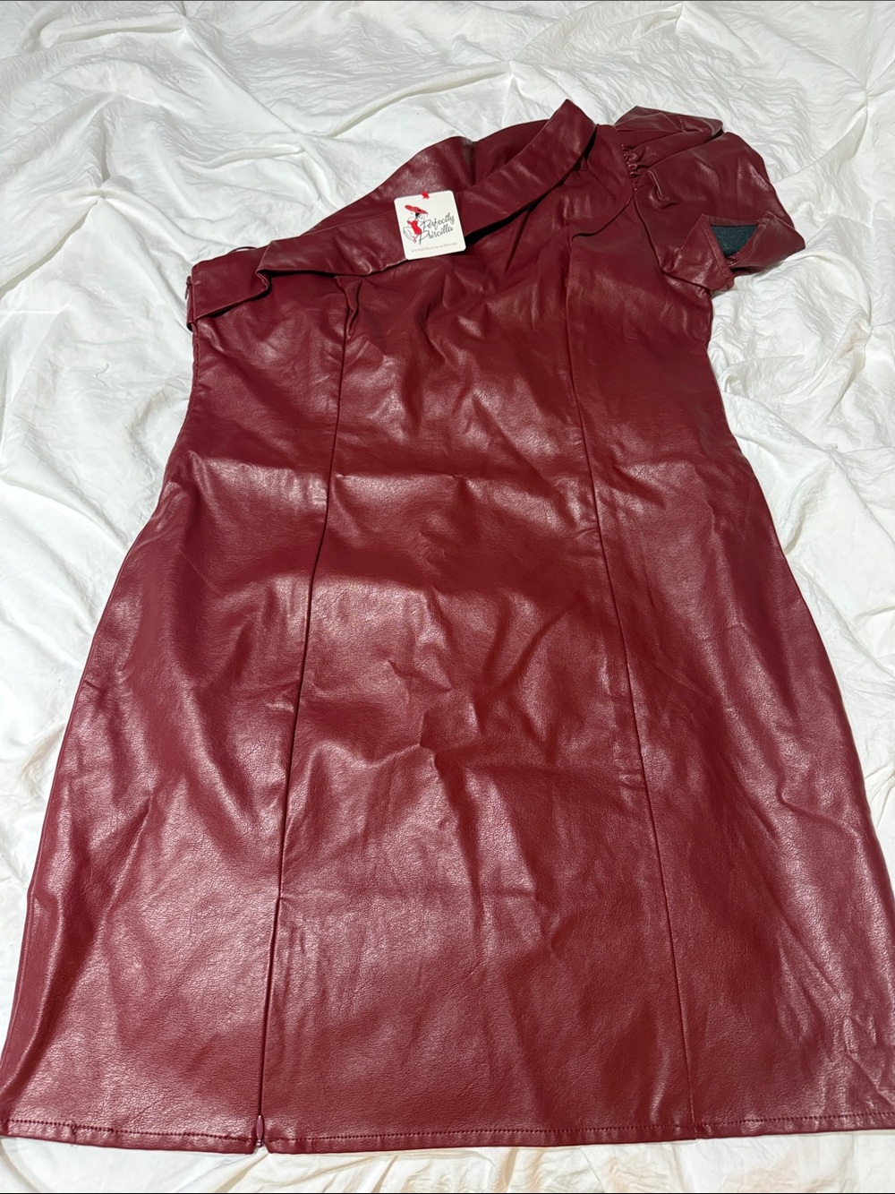 One shoulder Faux Leather Burgundy Sheath Dress